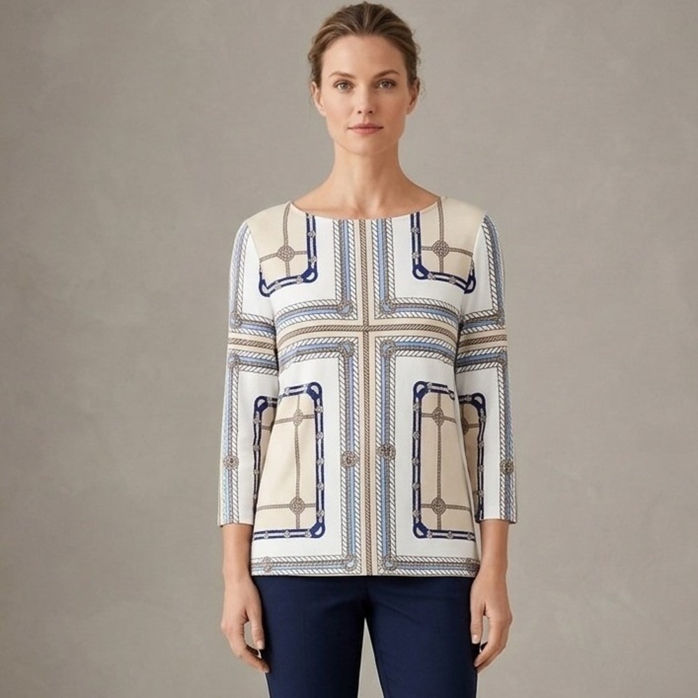 Talbots Blouse‎ Top Womens Size L Nautical Rope Anchor Print 3/4 Slv Boat Neck